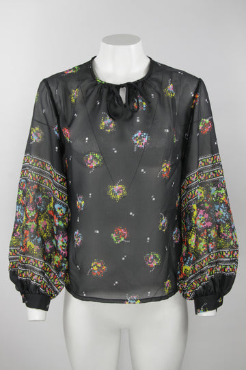 Vintage 70s sheer blouse with tie collar - M