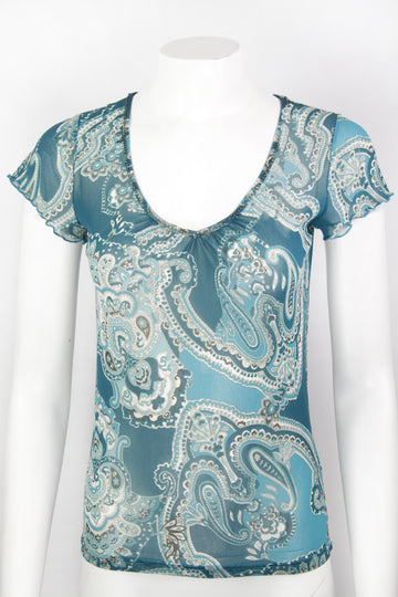 Vintage Y2K Turquoise short Sleeved Paisley Top - M