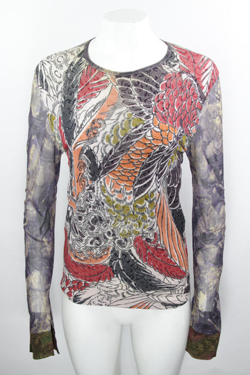 Vintage Y2k Kenzo Jungle Feathers and Scales Print mesh top - L