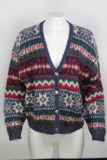 Vintage Colourful Patterned Mohair Cardigan - L