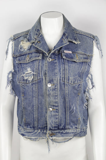 Vintage Guess Distressed Sleeveless Denim Jacket -