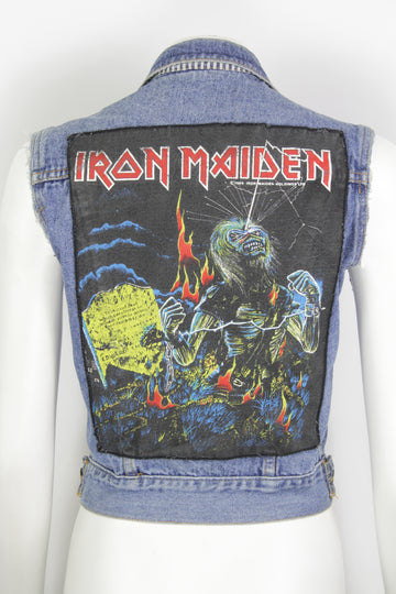 Vintage 1985 Iron Maiden Live After Death Patched Sleeveless Denim Jacket - S