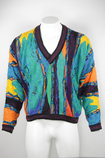 Vintage Coogi Colourful V-Neck Textural Knitted Jumper - L