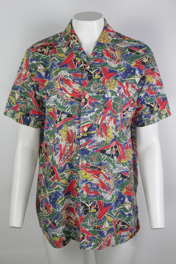Vintage 1950s Curve Collar Printed Shirt - M