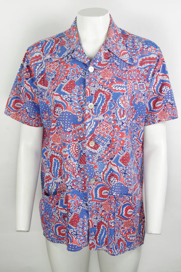 Vintage 40's Spear Tip Collar Bright Patterned Two Pocket Shirt - M