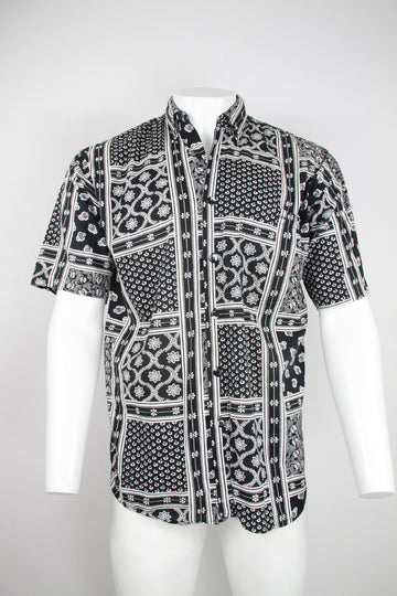 90s Short sleeve Cotton shirt - Black and white patchwork pattern - M/L