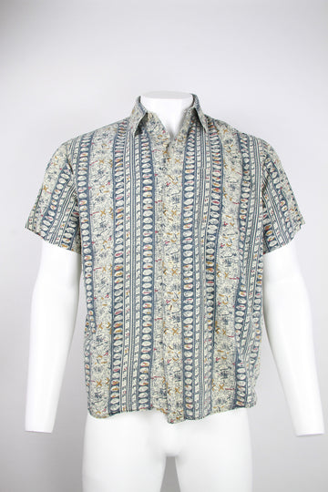 90s Short sleeve Cotton shirt - Blue grey pattern - M