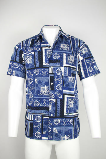 90s Short sleeve shirt - Blue and white paisley pattern - M