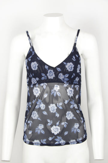 Y2k navy floral mesh top - M