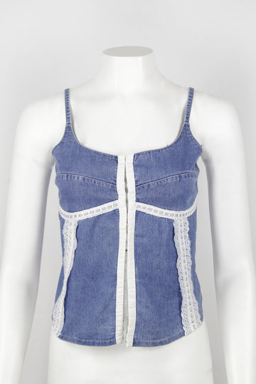 Y2k denim and embroidery hook and eye fasten top - S