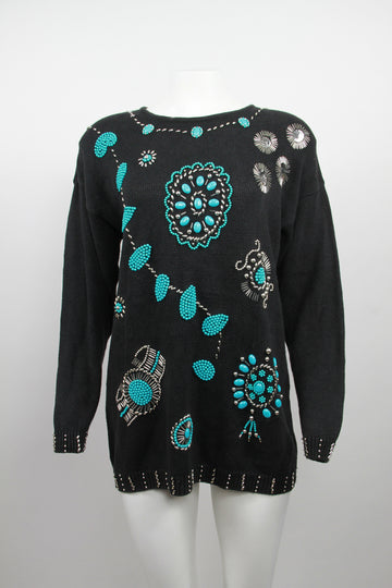 Ladies 80s 90s knit - Turquoise and silver gems adornment - Black - L