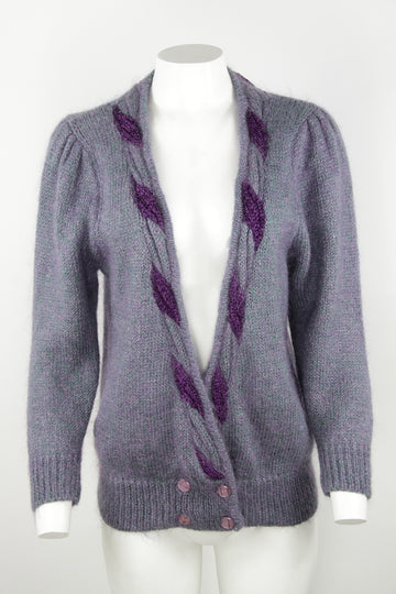 Vintage 80s marled mohair cardigan with purple applique - M