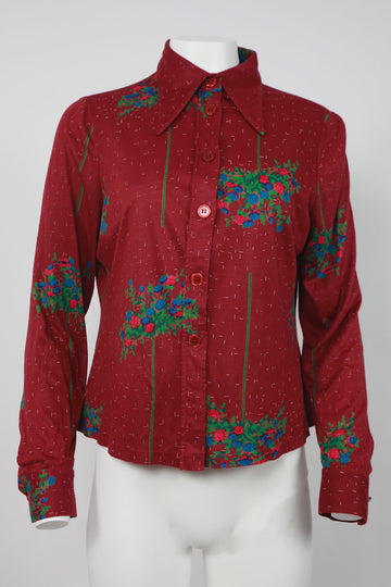 70s Burgundy floral blouse with daggar collar - M/L