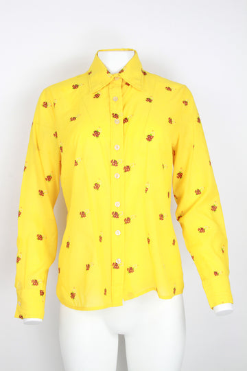 70s blouse in bright yellow with small floral pattern - M