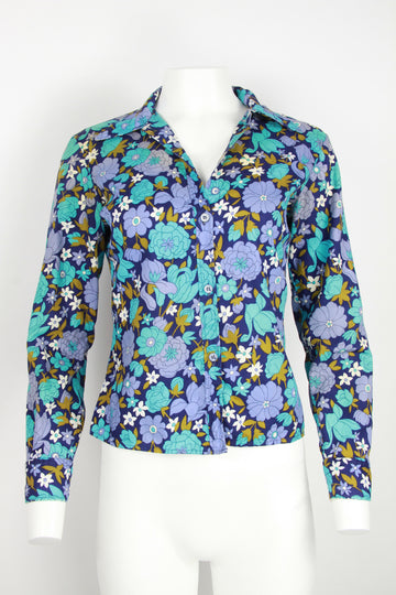 70s Navy, Turquoise and Lilac large floral pattern blouse - S