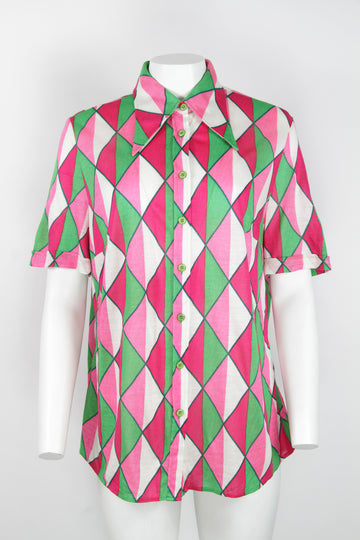 70s green and pink diamond pattern short sleeve blouse - L