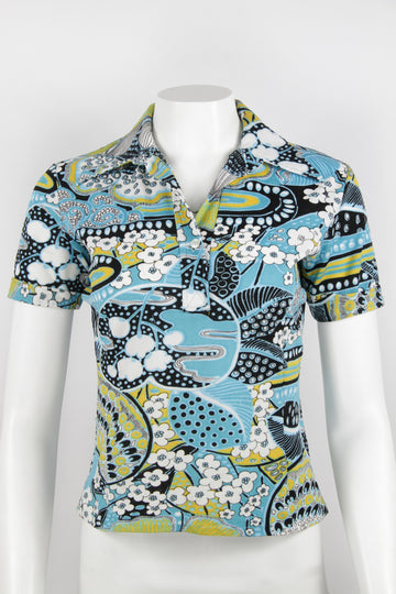 70s short sleeve floral blouse - Blue black and white - S/M