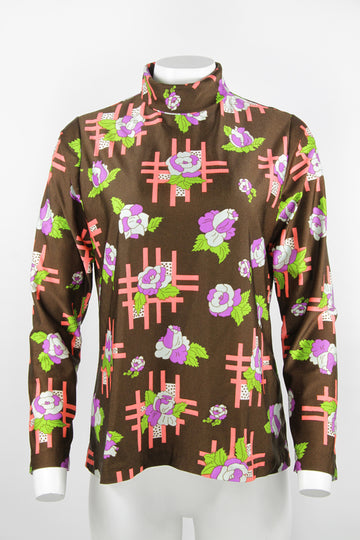 70s Brown floral roll neck top - M