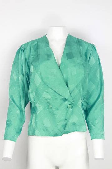 80s turquoise cross over blouse with wide lapels - S