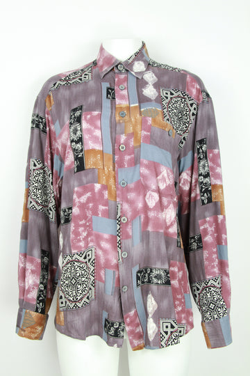 90s Purple abstract with floral print long sleeve blouse - S/M