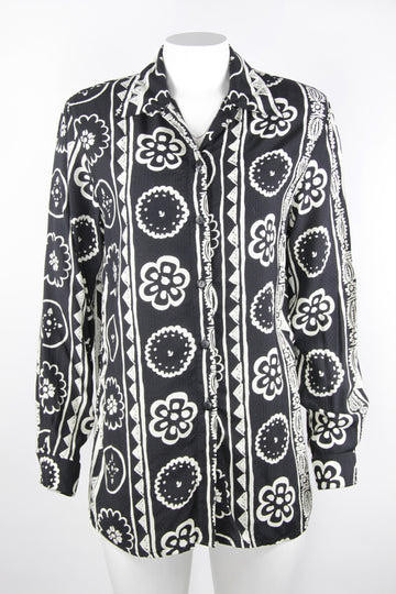 90s Black and white floral pattern blouse - S