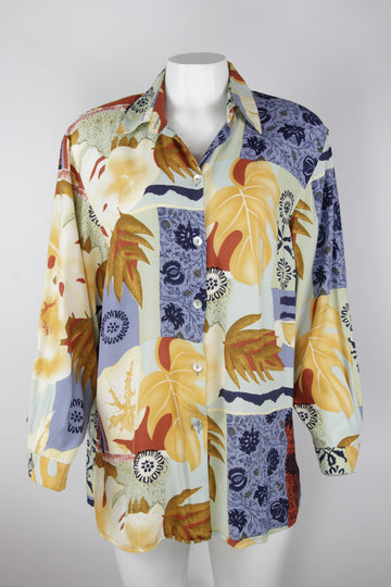 90s orange and blue floral pattern blouse – M