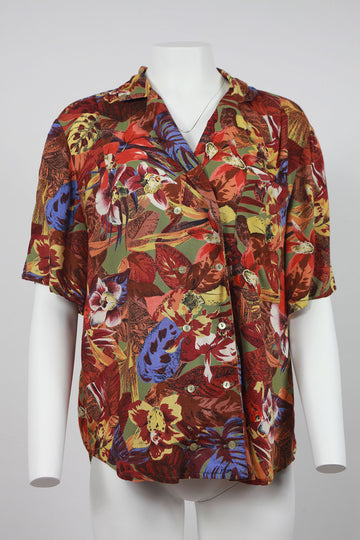 90s short sleeve tropical print blouse - M