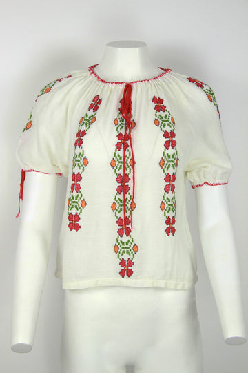 Short sleeved blouse with red, green and orange pattern - S