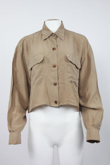 Brown Silk Long Sleeve Cropped Blouse- M