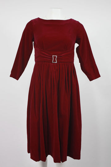 50s/early 60s Burgundy Velvet dress with diamante waist buckle - XS