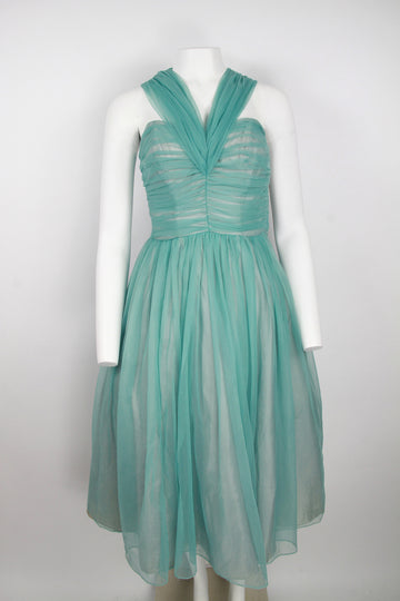 1950s Turquoise prom dress with ruched bodice and full skirt – XS