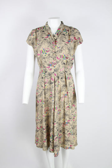 1940s Tea dress - Taupe with floral pattern and colourful highlights - S