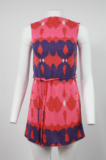 60s Pink patterned mini dress with belt - S
