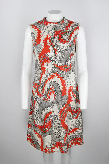60s Orange, black and white pattern dress - M
