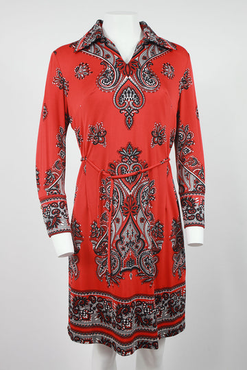 70s Red paisley pattern dress with belt - M