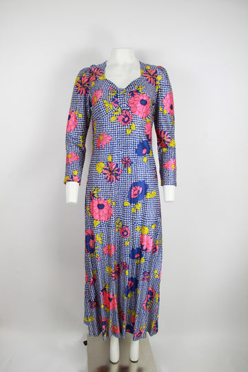 70s Blue and white Floral maxi dress with long sleeves - S/M