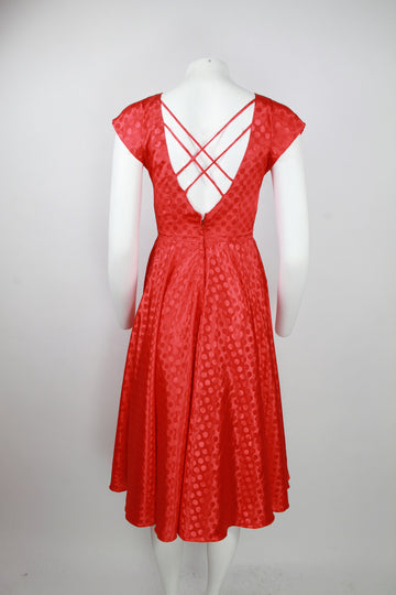 80s Red low cross back dress with full circle skirt – S