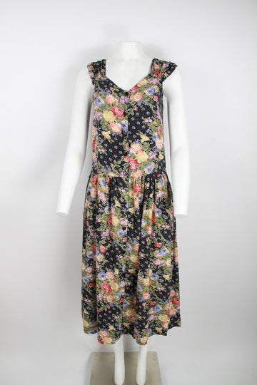 80s/90s navy floral cotton/viscose dress - S