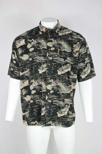 Button down Hawaiian shirt with fish & lily pond motif  -XL