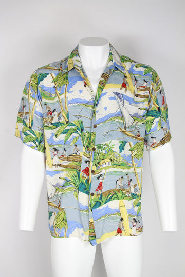 Beach scene Hawaiian shirt with match up pocket - rayon- XL