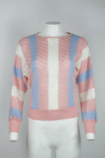 Vintage 80s pastel colour ladies batwing vertical stripe sweater - M