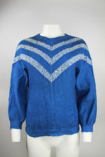 Ladies 80's Blue and white chevron neck wool/mohair jumper - S