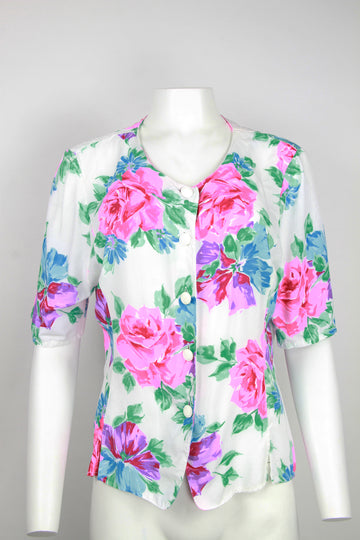 90s short sleeve blouse - White with pink rose pattern - S