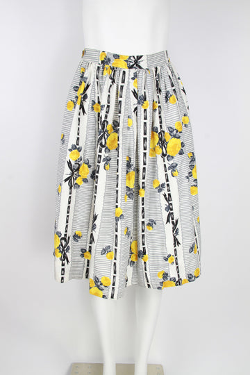 50s vertical ladder stripe with yellow roses skirt- M