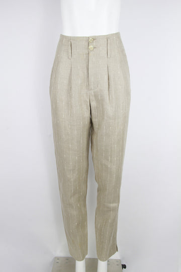 Ladies Pleated Linen Trousers with slub yarn pinstripe - S