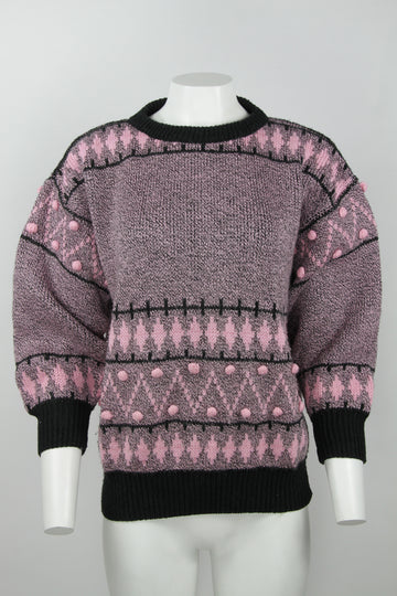 Ladies 80s jumper - Pink and black marl with pom pom detail - S/M