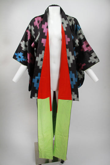 Long black colourfully patterned Kimono - S/M
