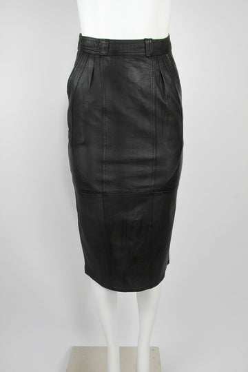 Black leather midi skirt with detailed panelling - S