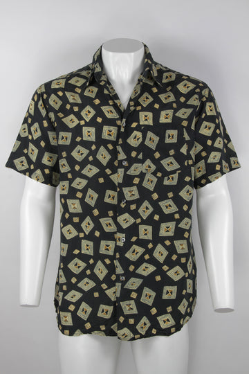 Short sleeve silk shirt - Black geometric pattern - M