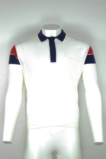 Knitted polo - White with Navy and red sleeve and collar detail - L